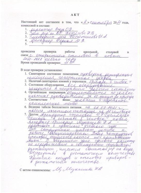 Акт о проверке школьной столовой 2 сентября 2021 года